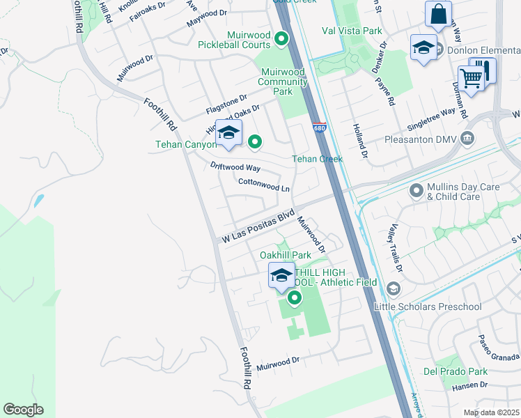 map of restaurants, bars, coffee shops, grocery stores, and more near 7606 Desertwood Lane in Pleasanton