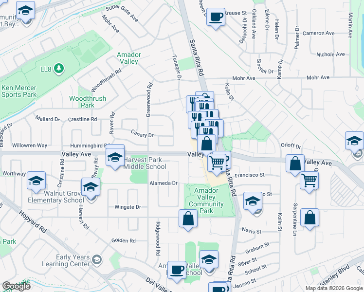 map of restaurants, bars, coffee shops, grocery stores, and more near 1951 Foxswallow Circle in Pleasanton