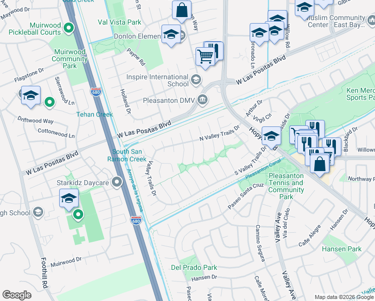 map of restaurants, bars, coffee shops, grocery stores, and more near 3652 Hawaii Court South in Pleasanton