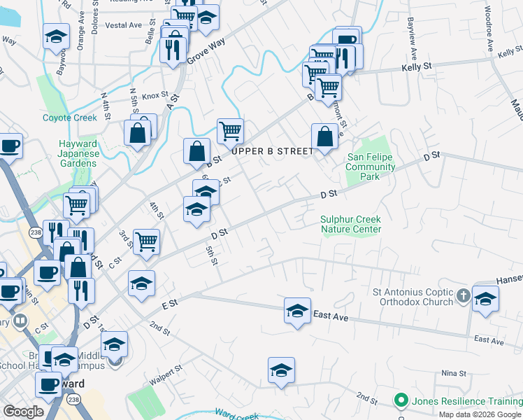 map of restaurants, bars, coffee shops, grocery stores, and more near in Hayward