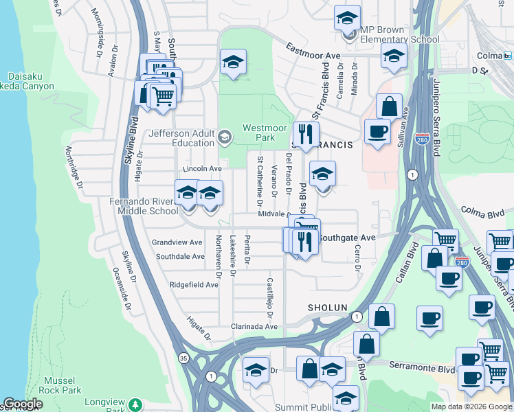 map of restaurants, bars, coffee shops, grocery stores, and more near 299 Mariposa Avenue in Daly City