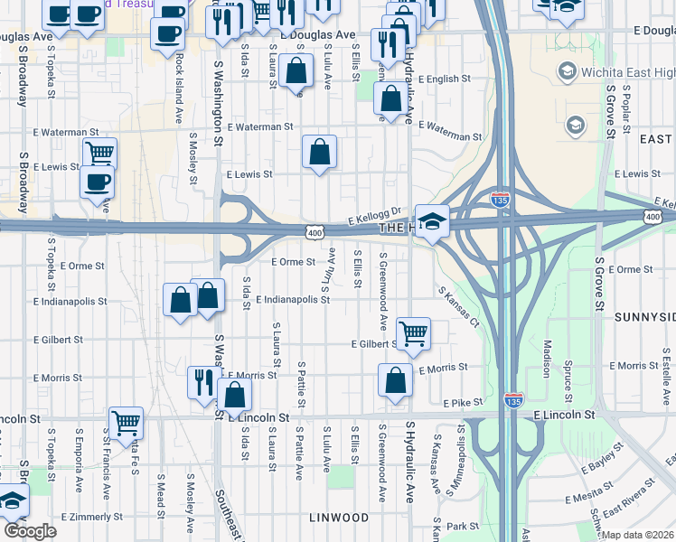 map of restaurants, bars, coffee shops, grocery stores, and more near 615 Ellis South in Wichita