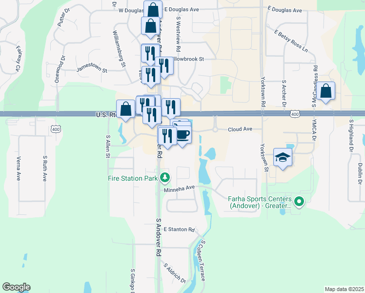 map of restaurants, bars, coffee shops, grocery stores, and more near 225 Cloud Avenue in Andover