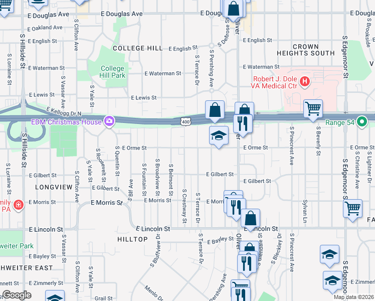 map of restaurants, bars, coffee shops, grocery stores, and more near 617 South Crestway Street in Wichita