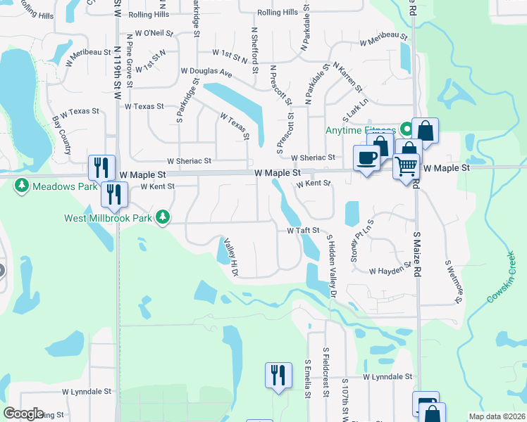 map of restaurants, bars, coffee shops, grocery stores, and more near 301-499 Circle Lake Cir in Wichita