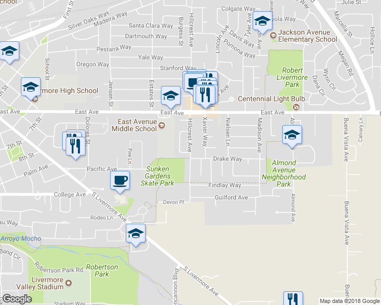 map of restaurants, bars, coffee shops, grocery stores, and more near Hillcrest Avenue & Hillcrest Court in Livermore
