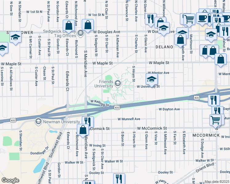 map of restaurants, bars, coffee shops, grocery stores, and more near 2100 West University Street in Wichita