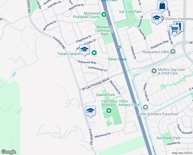 map of restaurants, bars, coffee shops, grocery stores, and more near 7606 Desertwood Lane in Pleasanton