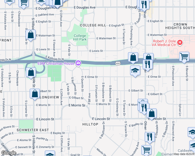 map of restaurants, bars, coffee shops, grocery stores, and more near 618 South Fountain Street in Wichita