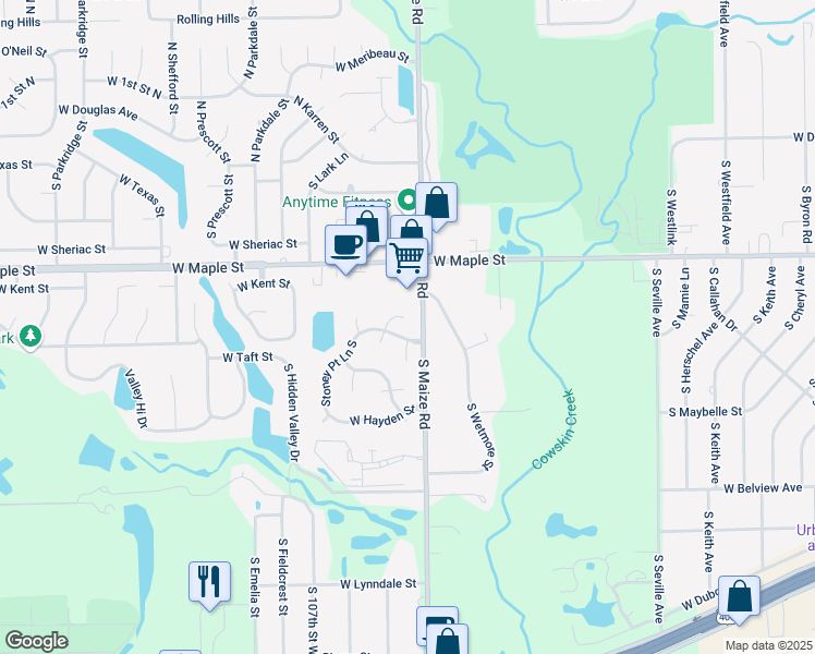 map of restaurants, bars, coffee shops, grocery stores, and more near 412 South Maize Road in Wichita