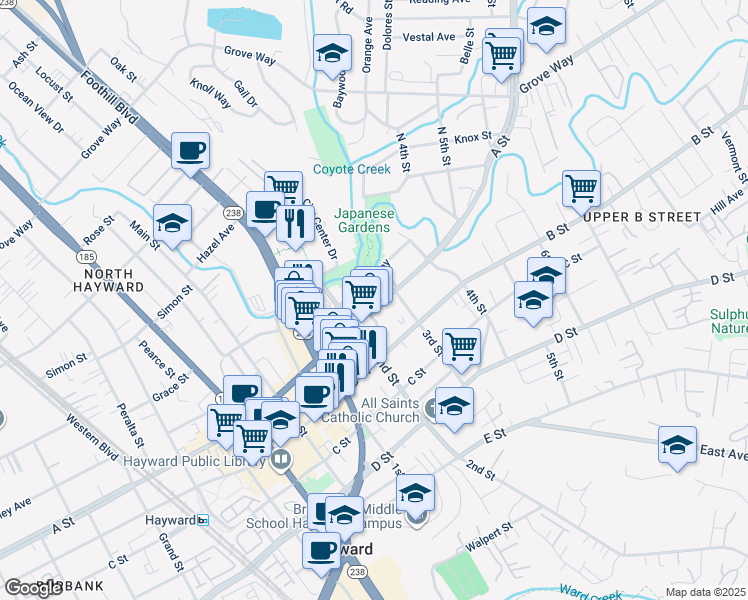 map of restaurants, bars, coffee shops, grocery stores, and more near 1260 A Street in Hayward