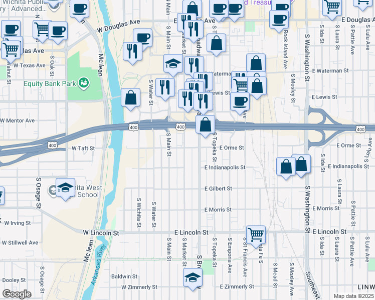 map of restaurants, bars, coffee shops, grocery stores, and more near 808 South Market Street in Wichita