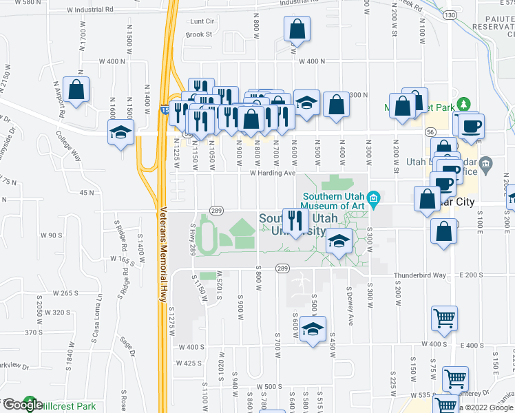 map of restaurants, bars, coffee shops, grocery stores, and more near 8 North 800 West in Cedar City