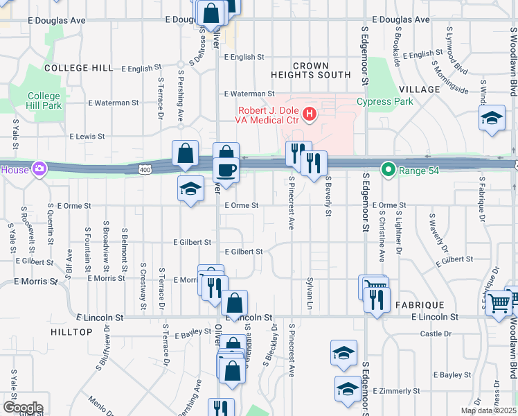 map of restaurants, bars, coffee shops, grocery stores, and more near 611 South Bleckley Drive in Wichita