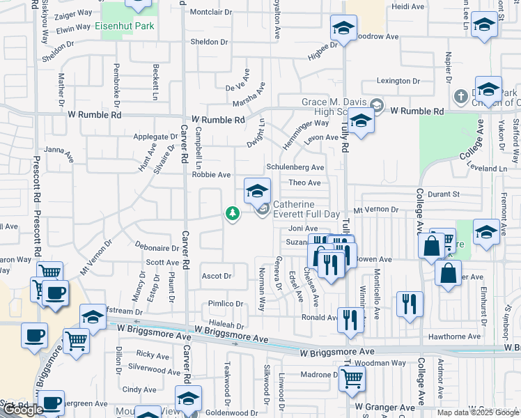 map of restaurants, bars, coffee shops, grocery stores, and more near 1513 Mount Vernon Drive in Modesto