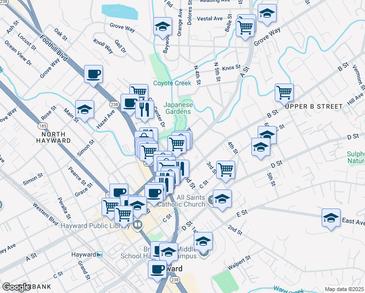 map of restaurants, bars, coffee shops, grocery stores, and more near 1260 A Street in Hayward