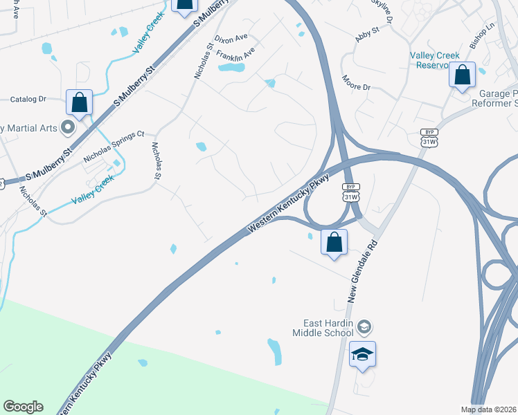 map of restaurants, bars, coffee shops, grocery stores, and more near Western Kentucky Parkway in Elizabethtown