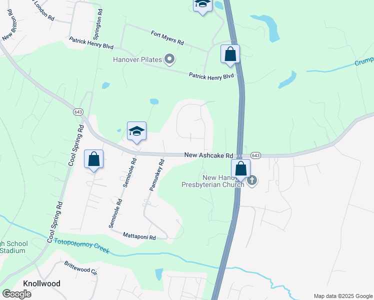 map of restaurants, bars, coffee shops, grocery stores, and more near 8224 New Ashcake Road in Mechanicsville