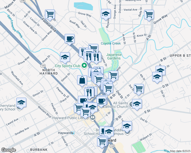 map of restaurants, bars, coffee shops, grocery stores, and more near Foothill Blvd & City Center Dr in Hayward