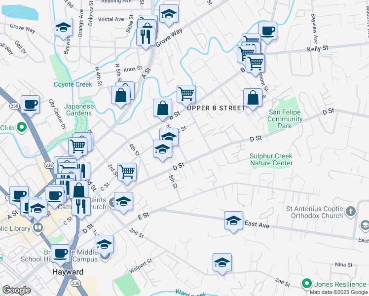 map of restaurants, bars, coffee shops, grocery stores, and more near 1607 Ward Street in Hayward