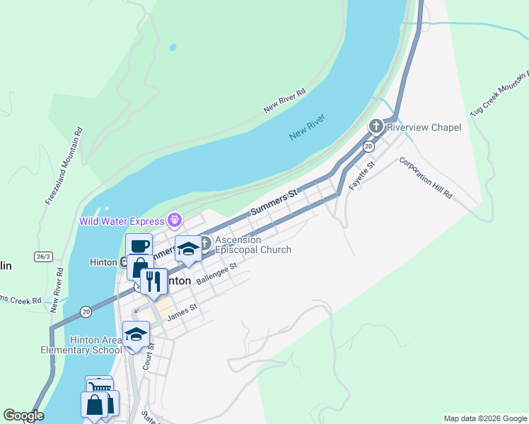 map of restaurants, bars, coffee shops, grocery stores, and more near 201-213 8th Avenue in Hinton