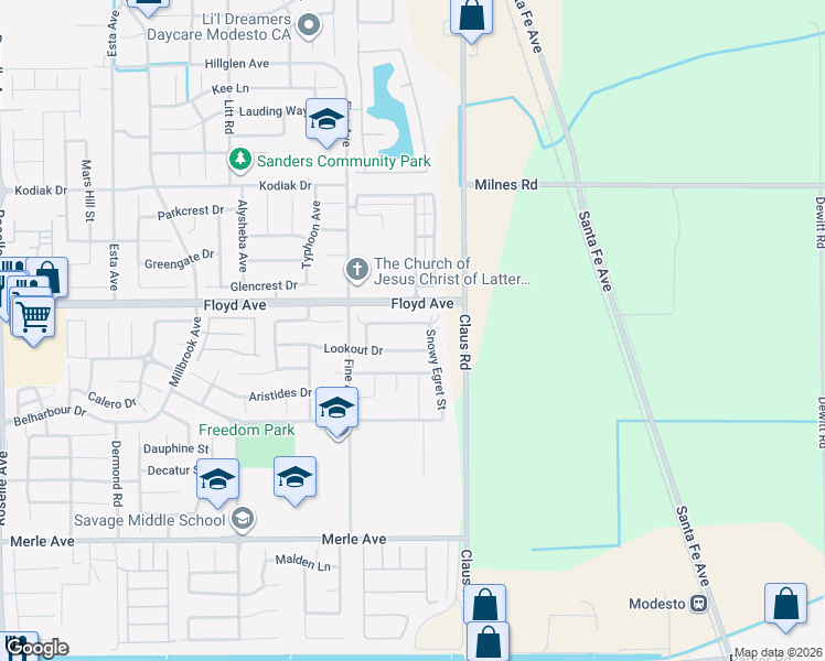 map of restaurants, bars, coffee shops, grocery stores, and more near 3905 Lookout Drive in Modesto