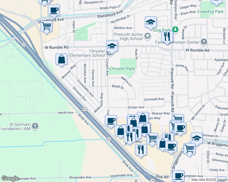 map of restaurants, bars, coffee shops, grocery stores, and more near 2309 Saint James Place in Modesto