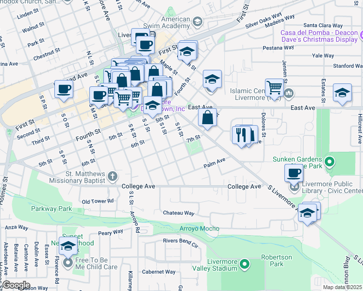 map of restaurants, bars, coffee shops, grocery stores, and more near 741 South H Street in Livermore