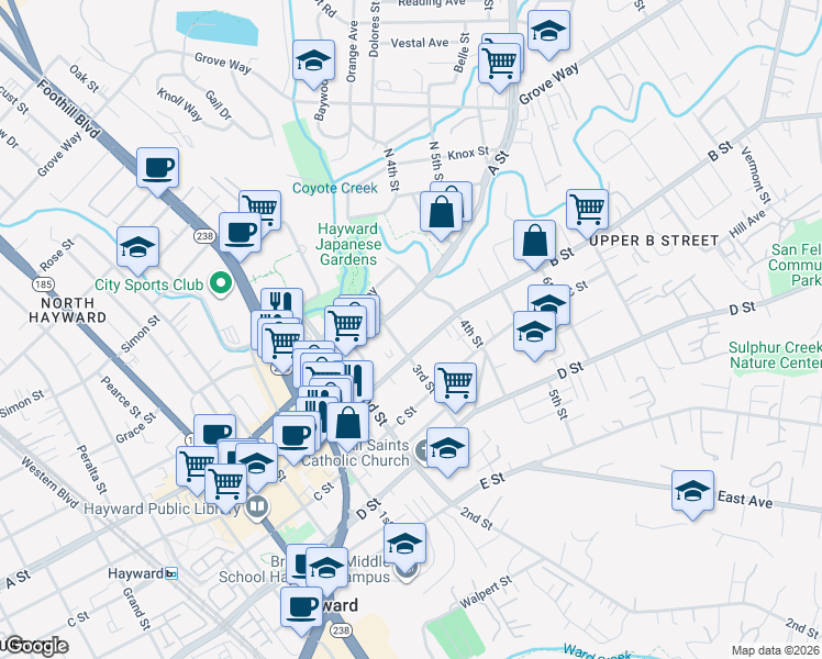 map of restaurants, bars, coffee shops, grocery stores, and more near 1318 B Street in Hayward