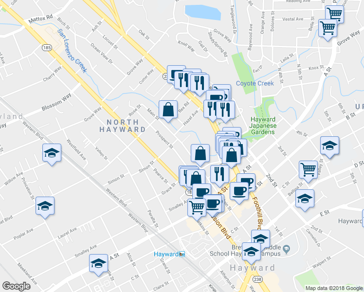 map of restaurants, bars, coffee shops, grocery stores, and more near 22237 Main Street in Hayward