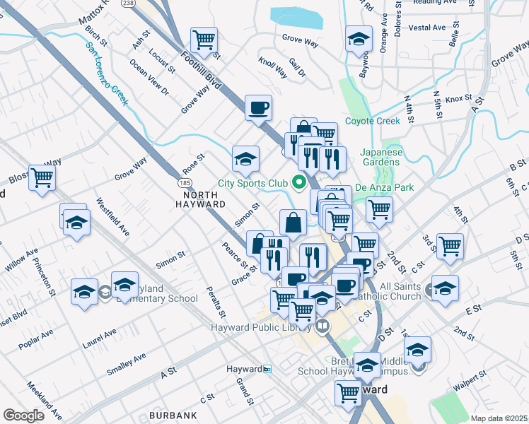 map of restaurants, bars, coffee shops, grocery stores, and more near 22237 Main Street in Hayward