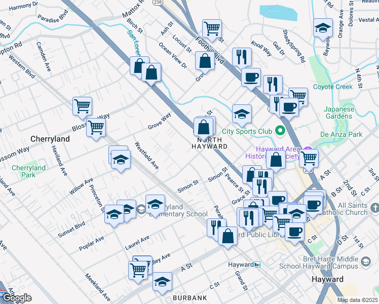 map of restaurants, bars, coffee shops, grocery stores, and more near 760 Sunset Boulevard in Hayward