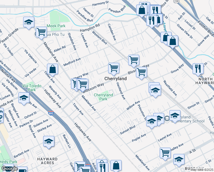 map of restaurants, bars, coffee shops, grocery stores, and more near 321 Blossom Way in Hayward