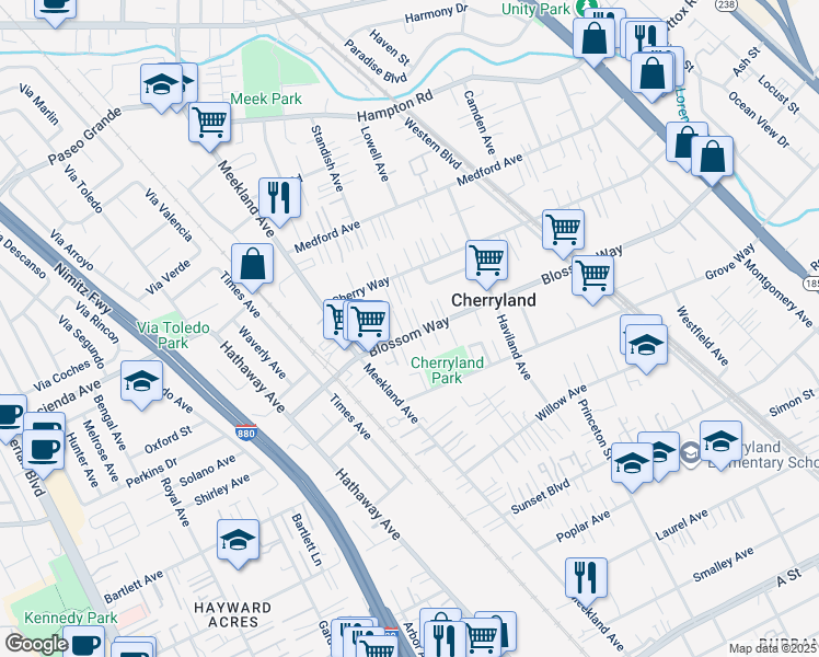 map of restaurants, bars, coffee shops, grocery stores, and more near 247 Blossom Way in Hayward