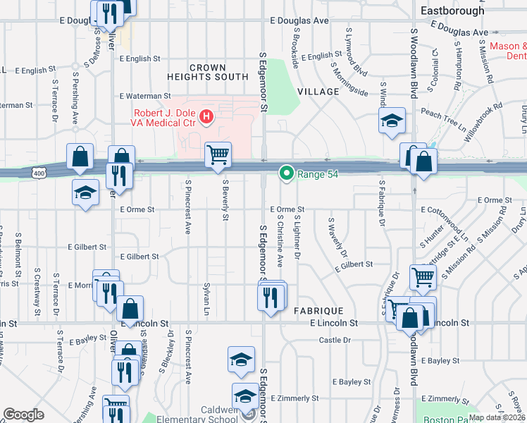 map of restaurants, bars, coffee shops, grocery stores, and more near 610 Marcilene Terrace in Wichita