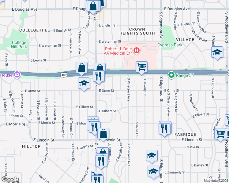 map of restaurants, bars, coffee shops, grocery stores, and more near 611 South Bleckley Drive in Wichita