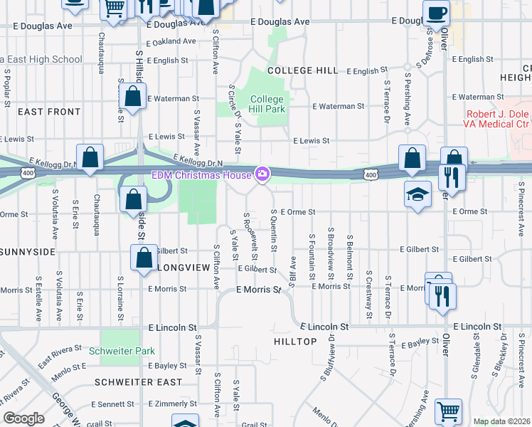 map of restaurants, bars, coffee shops, grocery stores, and more near 575 South Quentin Street in Wichita