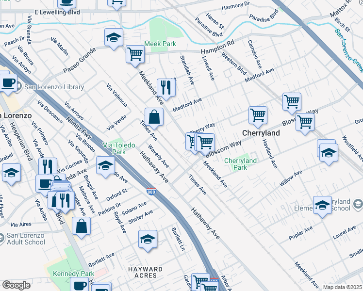 map of restaurants, bars, coffee shops, grocery stores, and more near 44 Leighty Court in Hayward