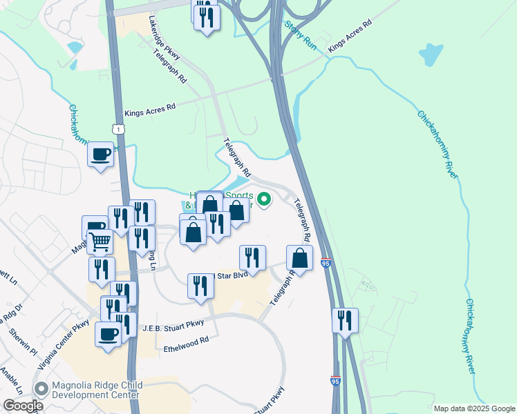 map of restaurants, bars, coffee shops, grocery stores, and more near 10601 Telegraph Rd in Glen Allen