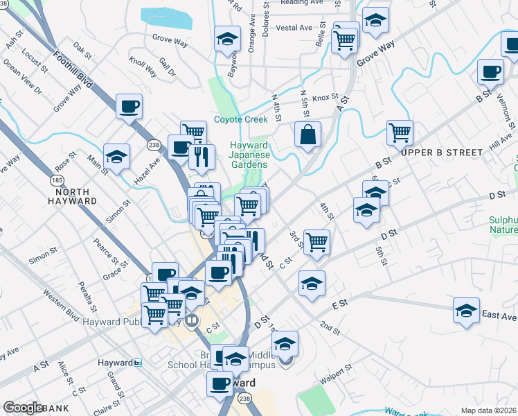 map of restaurants, bars, coffee shops, grocery stores, and more near 1264 A Street in Hayward