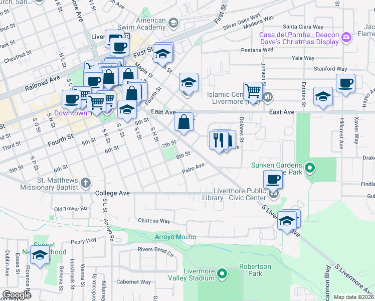 map of restaurants, bars, coffee shops, grocery stores, and more near 2580 8th Street in Livermore