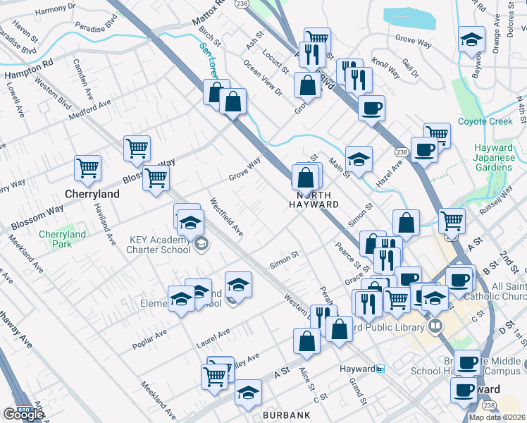 map of restaurants, bars, coffee shops, grocery stores, and more near 21848 Vallejo Street in Hayward