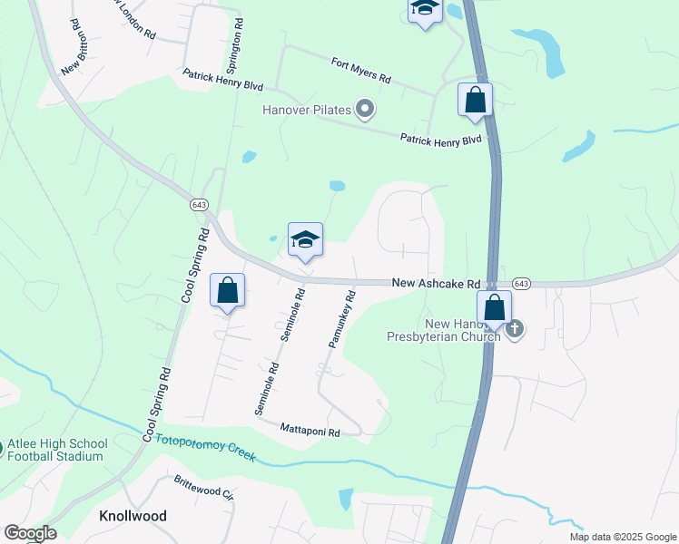 map of restaurants, bars, coffee shops, grocery stores, and more near 8262 New Ashcake Road in Mechanicsville