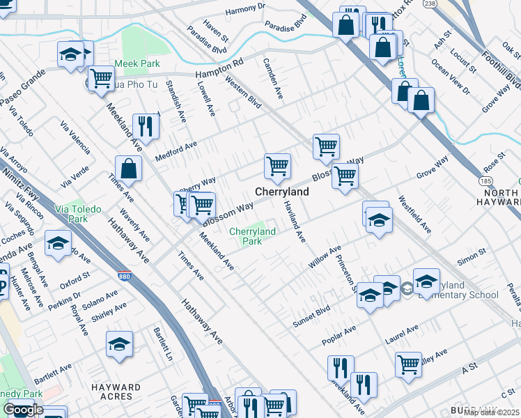 map of restaurants, bars, coffee shops, grocery stores, and more near 321 Blossom Way in Hayward