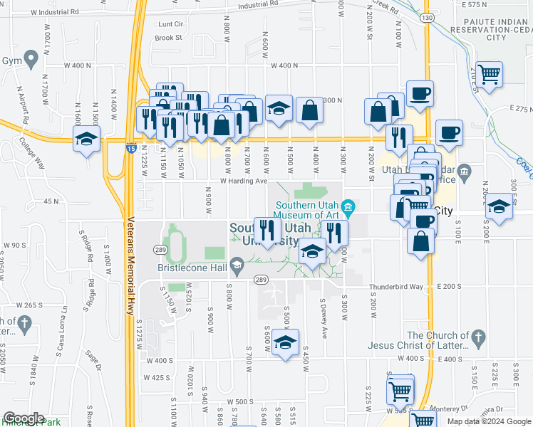 map of restaurants, bars, coffee shops, grocery stores, and more near 19 North 600 West in Cedar City