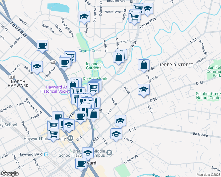map of restaurants, bars, coffee shops, grocery stores, and more near in Hayward