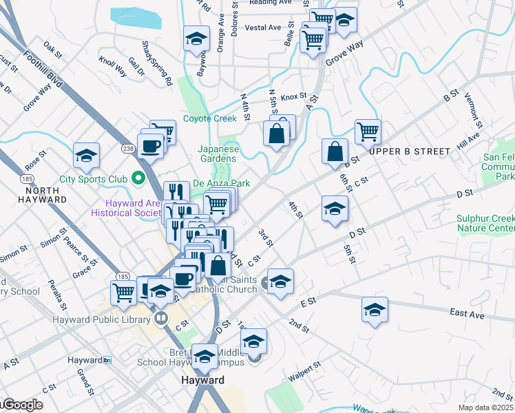 map of restaurants, bars, coffee shops, grocery stores, and more near 1318 B Street in Hayward