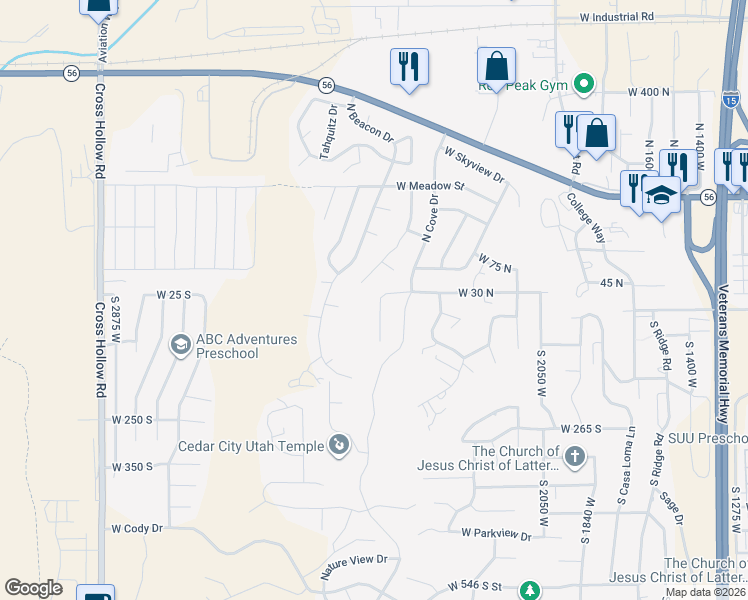 map of restaurants, bars, coffee shops, grocery stores, and more near 23 North 2380 West in Cedar City