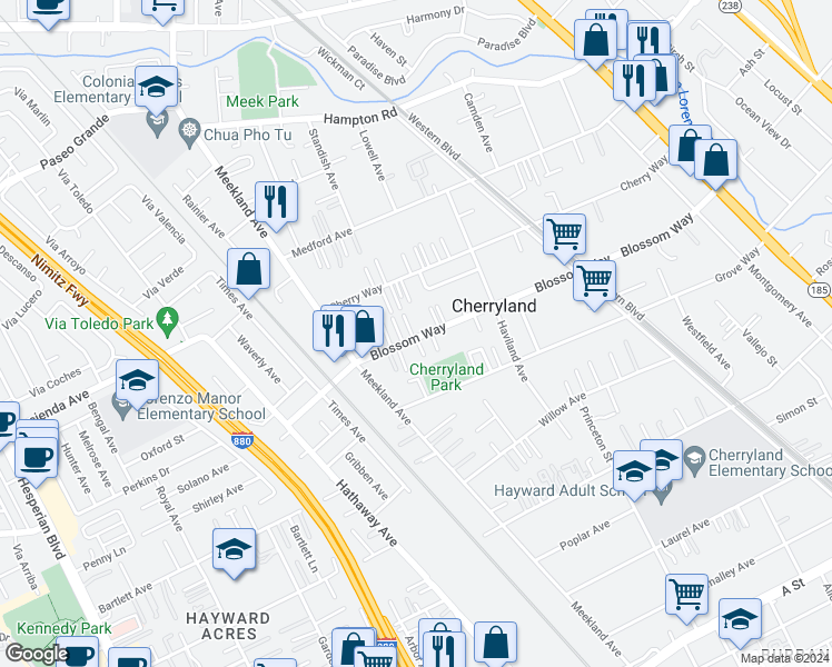 map of restaurants, bars, coffee shops, grocery stores, and more near 264 Blossom Way in Hayward