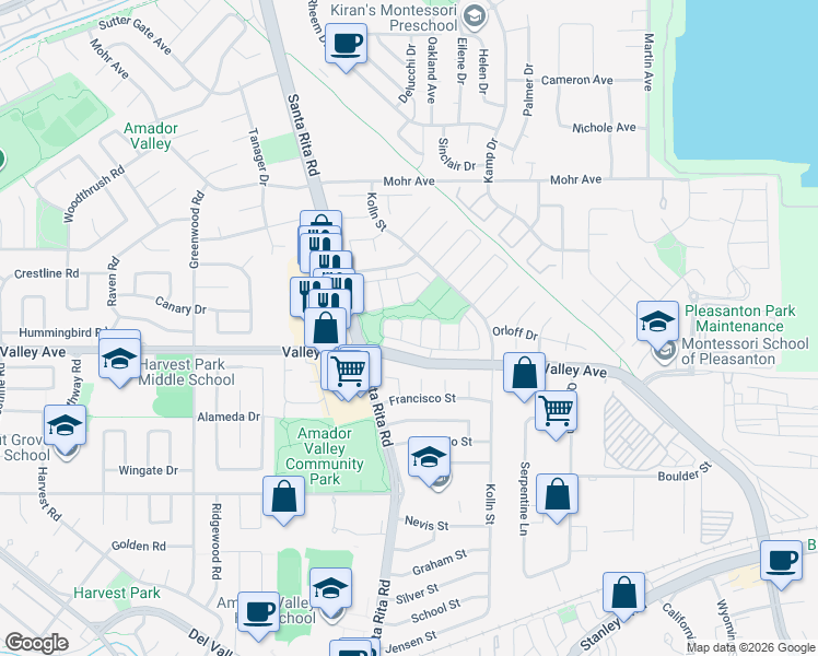 map of restaurants, bars, coffee shops, grocery stores, and more near 1413 Elliot Circle in Pleasanton